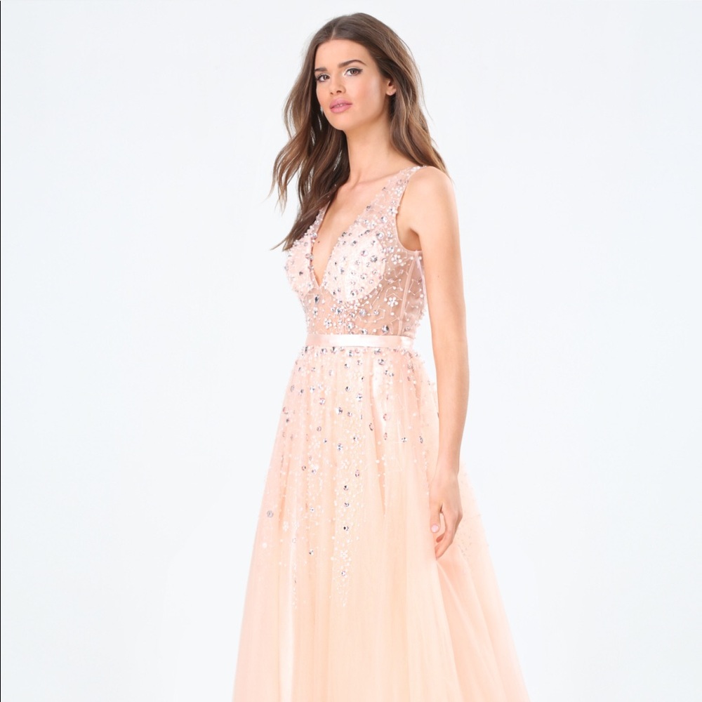 BEBE Blush Pink Embellished V Neck Evening Gown